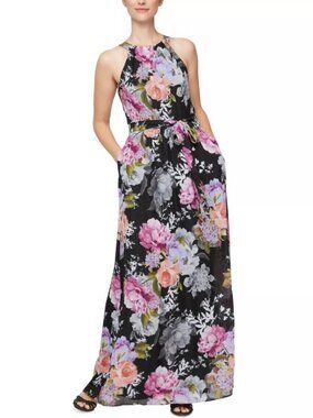 SL Fashions Women's Belted Halter Maxi Dress Black Multicolor 18